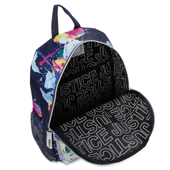 Girls 17" Justice Backpack Iridescent Blue Multi-Color Splatter - Picture 5 of 9